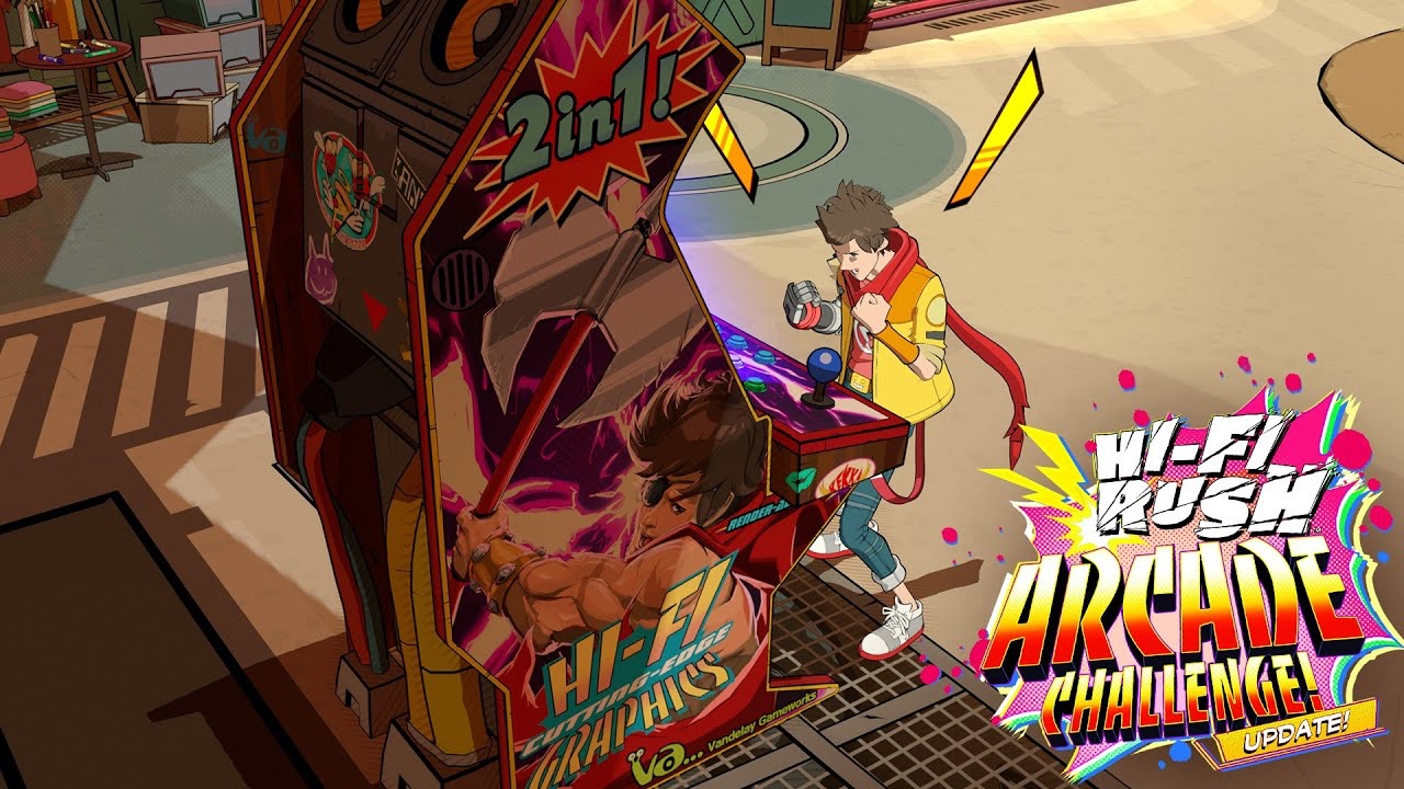 Chai playing a videogame on an old school stand-up arcade system.