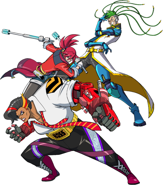 Three evil looking game bosses stand in various action poses, ready to strike.