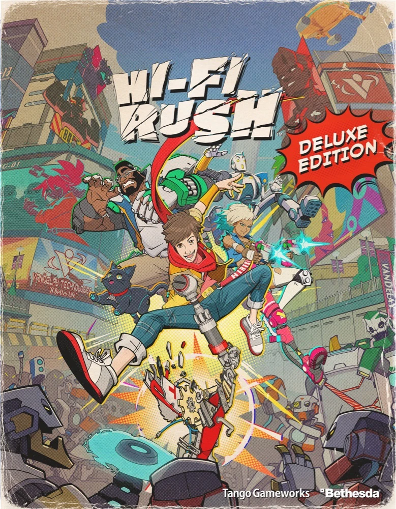 Box cover artwork for deluxe edition of Hi-Fi Rush. Chai and allies jumping into action poses attacking robot enemies.