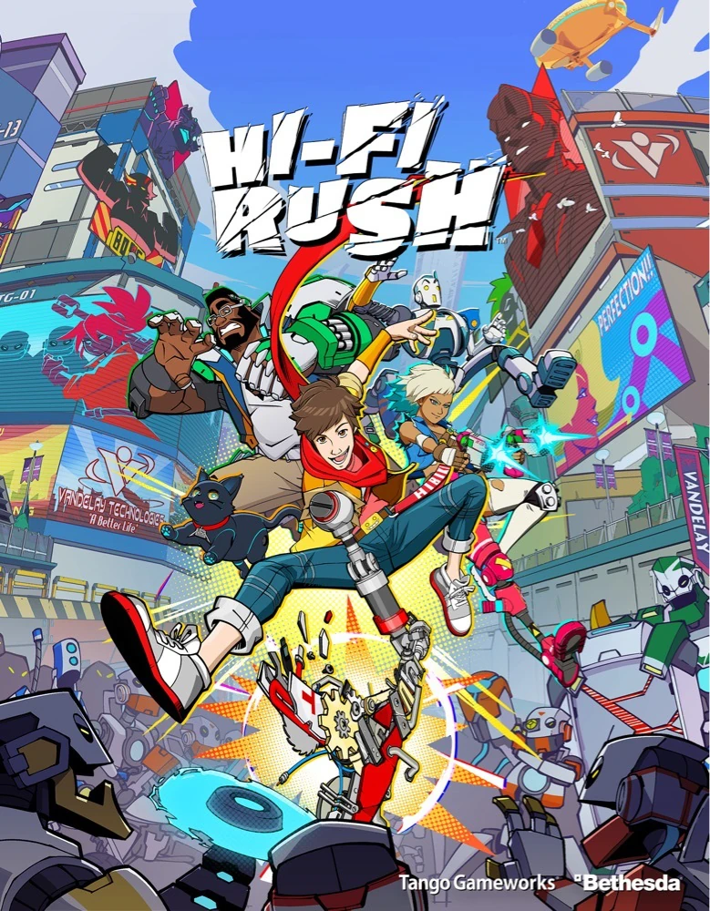 Box cover artwork for Hi-Fi Rush. Chai and allies jumping into action poses attacking robot enemies.