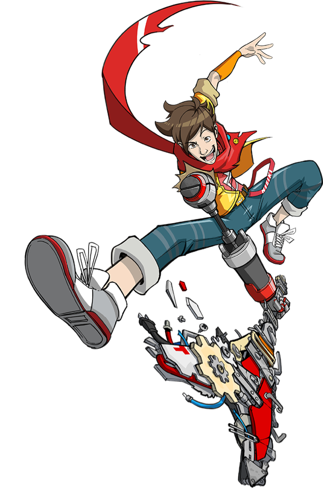 Chai jumping through the air in an action pose swinging a guitar downwards.