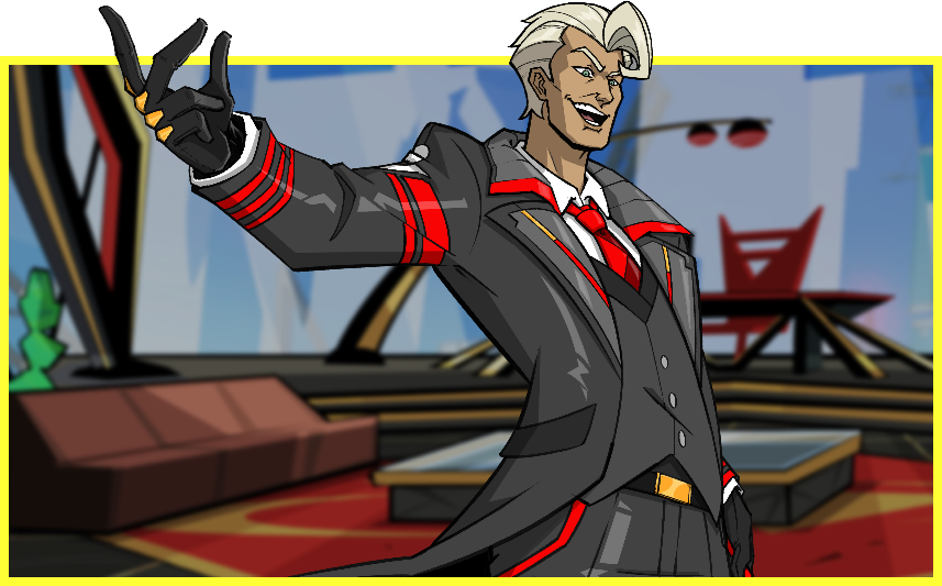 Man with grey hair in a business suit snaps his finger.