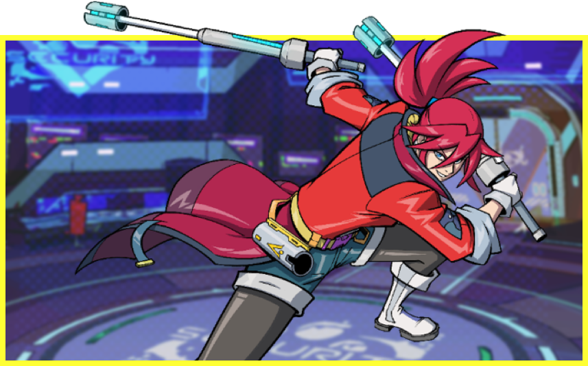 Woman with red hair, cape, and two metal batons strikes an action pose.