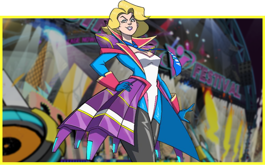 Blonde lady standing in a multi-colored, pointy dress with an sinister expression.