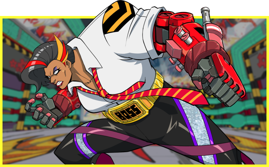 Female boss enemy with robotic hands looks to the side in an angry pose.