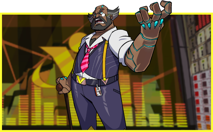 Man dressed in business attire with a monocle and robotic hands looking angry.
