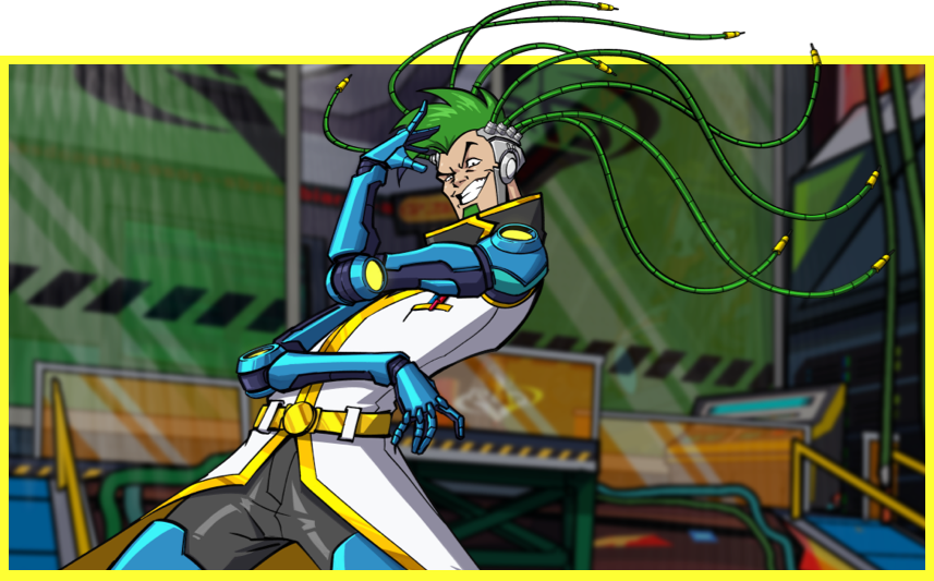 Slender man with green spiked hair, goatee, and robotic dreadlocks/hands hatching an evil plan.