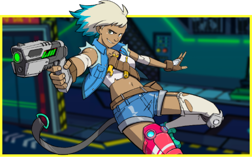 Peppermint in a jumping action pose while pointing a gun.
