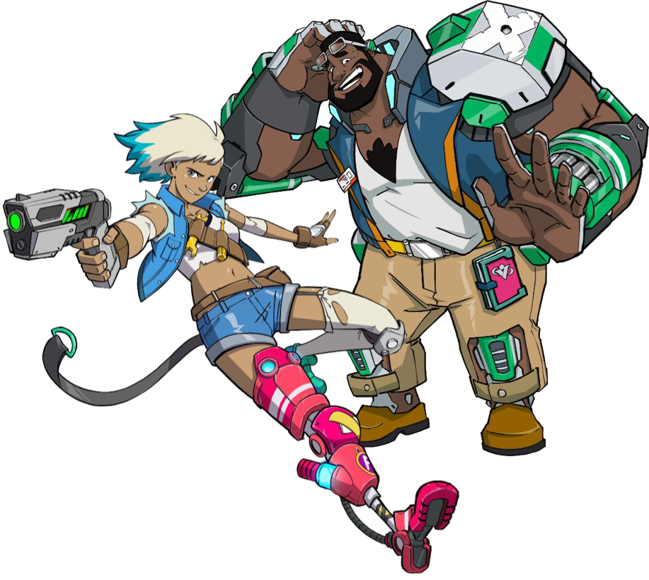 Peppermint holding a weapon in an action pose, while Macaron scratches his head looking reluctant.